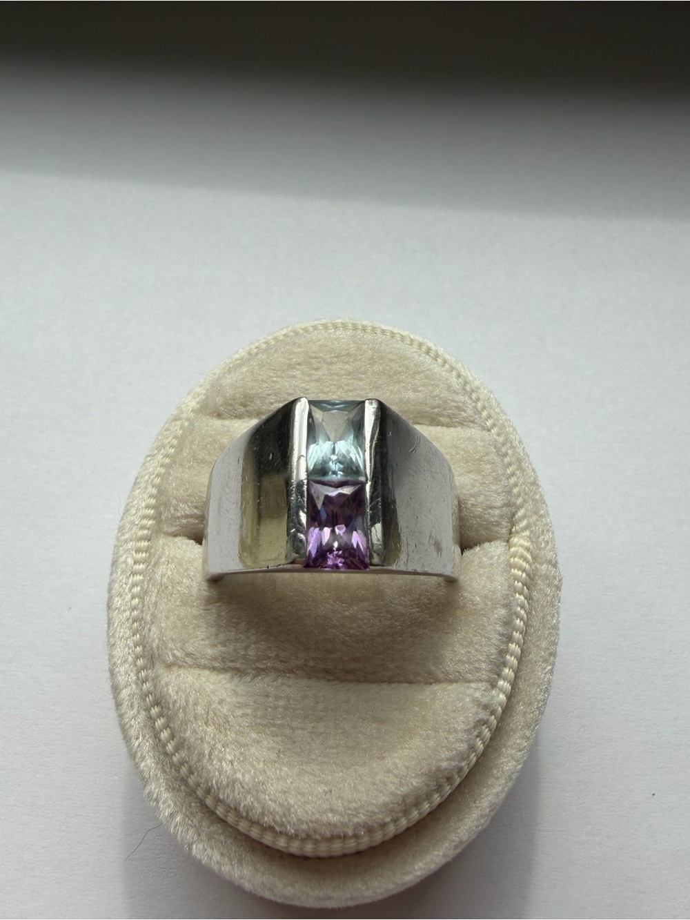 Silver Two-Gem Blue & Purple Ring Size 9 Chunky Modernist Statement Cocktail